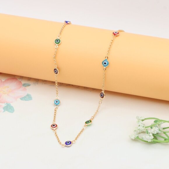 Rose Gold Evil Eye Necklace with Multicolor Enamel Beads, XPNL0390 - Picture 8 of 9